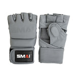 A pair of SMAI Elite85 MMA Gloves in charcoal, featuring open fingers, thick knuckle padding, mesh palm details, and Velcro wrist straps; one glove displays the "SMAI" logo on the back.