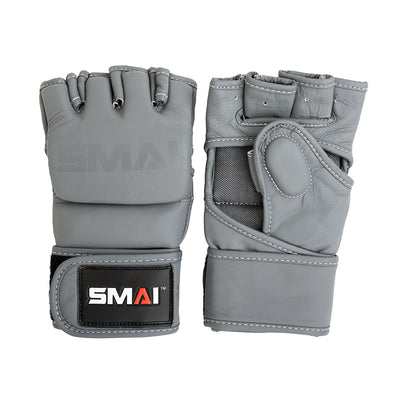 A pair of SMAI Elite85 MMA Gloves in charcoal, featuring open fingers, thick knuckle padding, mesh palm details, and Velcro wrist straps; one glove displays the "SMAI" logo on the back.