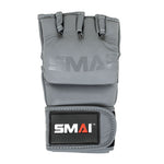 The SMAI Elite85 MMA Gloves - Charcoal are made from durable cowhide leather for professional training, featuring open fingers, a black Velcro wrist strap, and the "SMAI" logo on top.