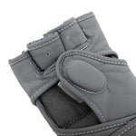 Close-up of SMAI Elite85 MMA Gloves - Charcoal, featuring visible stitching and padded areas that highlight the premium gray cowhide leather material and professional craftsmanship.