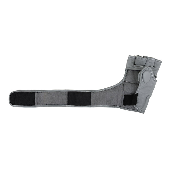 A gray wrist and thumb support brace with black Velcro straps, ideal for recovery after using SMAI Elite85 MMA Gloves - Charcoal, is shown laid flat on a white background.