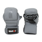 The SMAI Elite85 MMA Hybrid Sparring Glove in charcoal features padded knuckles and an open-finger design, shown from both palm and back—ideal for training or competition.