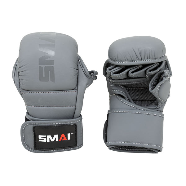The SMAI Elite85 MMA Hybrid Sparring Glove in charcoal features padded knuckles and an open-finger design, shown from both palm and back—ideal for training or competition.