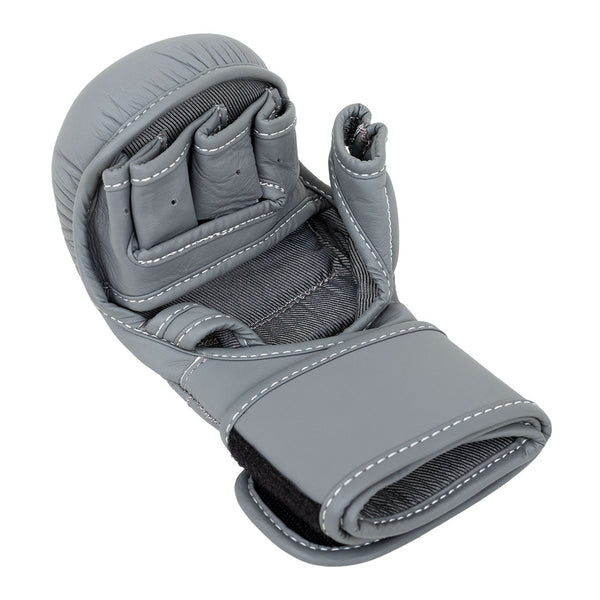 The SMAI Elite85 MMA Hybrid Sparring Glove in charcoal features white stitching, an open palm, and a Velcro wrist strap—perfect as versatile hybrid or sparring gloves. Shown on a white background.