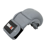 The Elite85 MMA Hybrid Sparring Glove by SMAI is a single charcoal glove with a black Velcro strap, featuring the SMAI logo in white and red, shown against a white background.