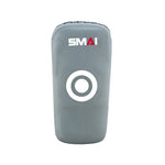 The SMAI Elite85 Muay Thai Pads V2 (Pair) in Charcoal feature a rectangular design with rounded edges, a central white target circle, high-grade leather, impact-absorbing foam, and the SMAI logo at the top.
