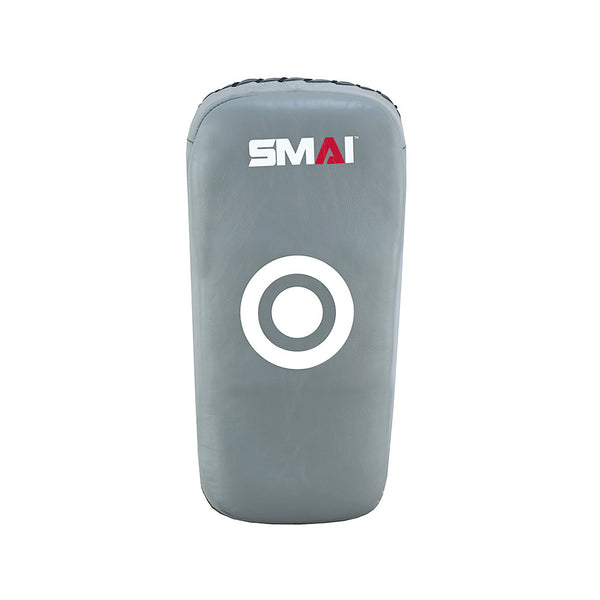 The SMAI Elite85 Muay Thai Pads V2 (Pair) in Charcoal feature a rectangular design with rounded edges, a central white target circle, high-grade leather, impact-absorbing foam, and the SMAI logo at the top.