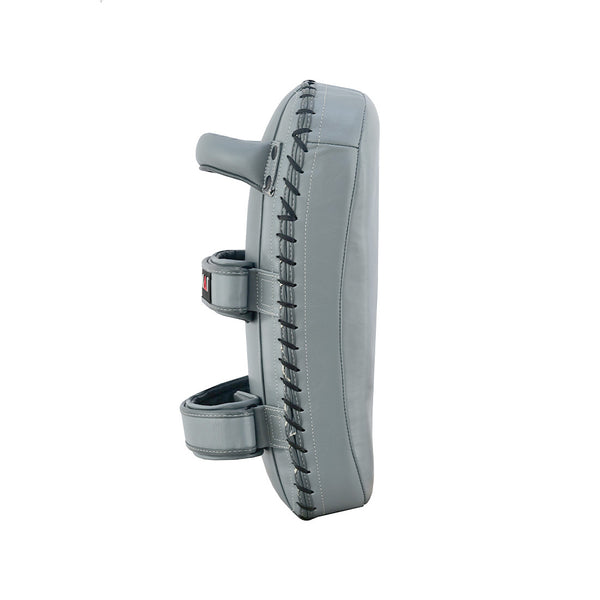The SMAI Elite85 Muay Thai Pads V2 (Pair) in charcoal feature high-grade leather, a gray rectangular design with black stitching, plus two adjustable straps and a handle on the back for secure grip.