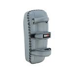 The SMAI Elite85 Muay Thai Pads V2 (Pair) in charcoal feature high grade leather, back handles and strap, and impact-absorbing foam for safe martial arts training. The SMAI logo is visible on the strap for authenticity.