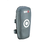 The SMAI Elite85 Muay Thai Pads V2 (Pair) in charcoal feature high-grade leather, dual arm straps, a white target circle, and the SMAI logo, made with impact-absorbing foam for top training performance.