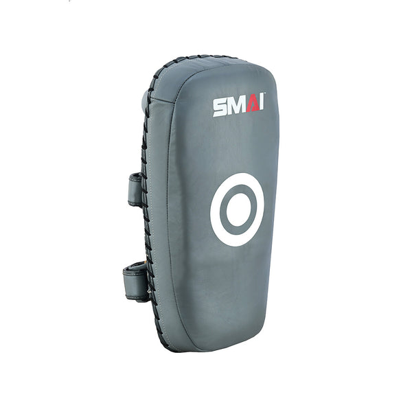 The SMAI Elite85 Muay Thai Pads V2 (Pair) in charcoal feature high-grade leather, dual arm straps, a white target circle, and the SMAI logo, made with impact-absorbing foam for top training performance.
