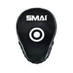 The SMAI Essentials Boxing Mitts - Black feature a white target center and branded logo, perfect for martial arts and Muay Thai training.