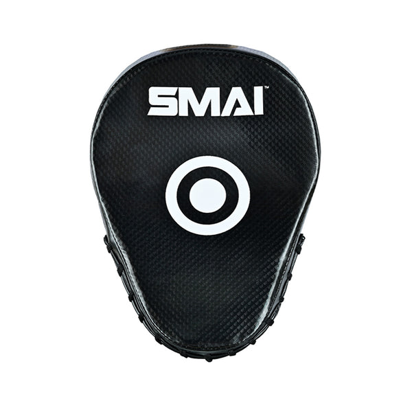 The SMAI Essentials Boxing Mitts - Black feature a white target center and branded logo, perfect for martial arts and Muay Thai training.