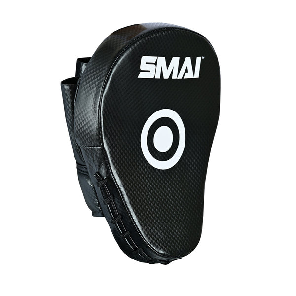 The SMAI Essentials Boxing Mitts - Black feature a white target circle and textured surface, perfect for martial arts, boxing mitt drills, or Muay Thai training.