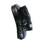 The SMAI Essentials Boxing Mitts - Black feature a textured finish, finger slots, and strap, with partial white branding and detailed stitching—ideal for Muay Thai training and precision striking.