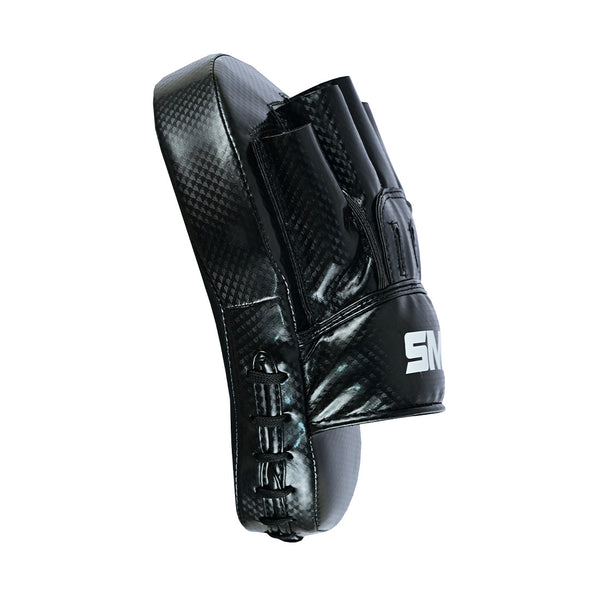 The SMAI Essentials Boxing Mitts - Black feature a textured finish, finger slots, and strap, with partial white branding and detailed stitching—ideal for Muay Thai training and precision striking.