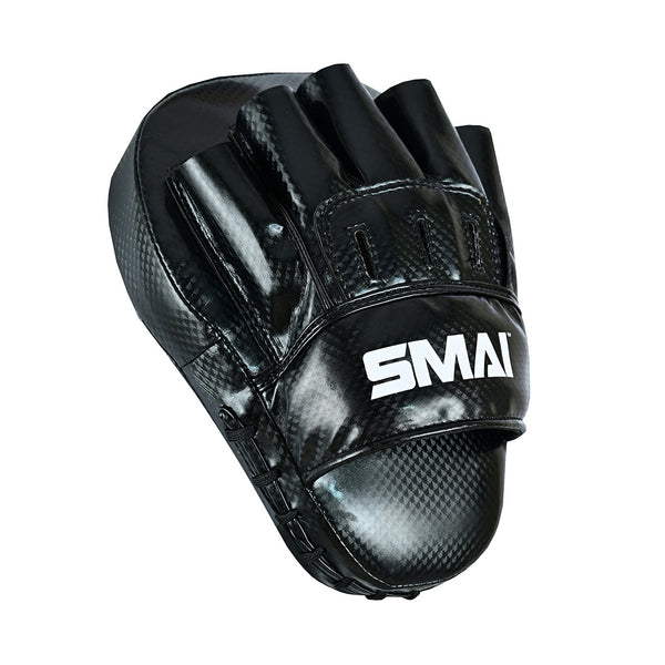 The Essentials Boxing Mitts - Black by SMAI feature a carbon-fiber pattern, finger slots, and the SMAI logo in white—ideal for Muay Thai training.