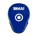 The SMAI Essentials Boxing Mitts - Blue feature an oval shape, white target circle, and branded logo at the top with black side stitching—perfect for Muay Thai training.