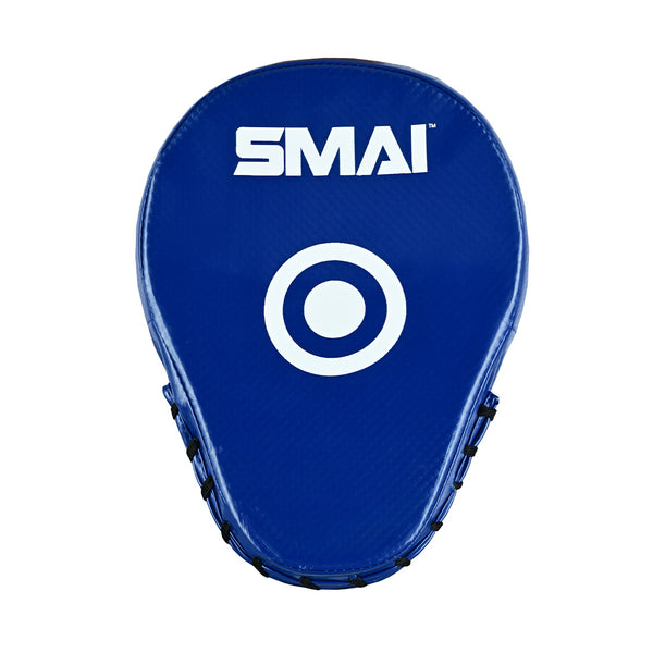 The SMAI Essentials Boxing Mitts - Blue feature an oval shape, white target circle, and branded logo at the top with black side stitching—perfect for Muay Thai training.