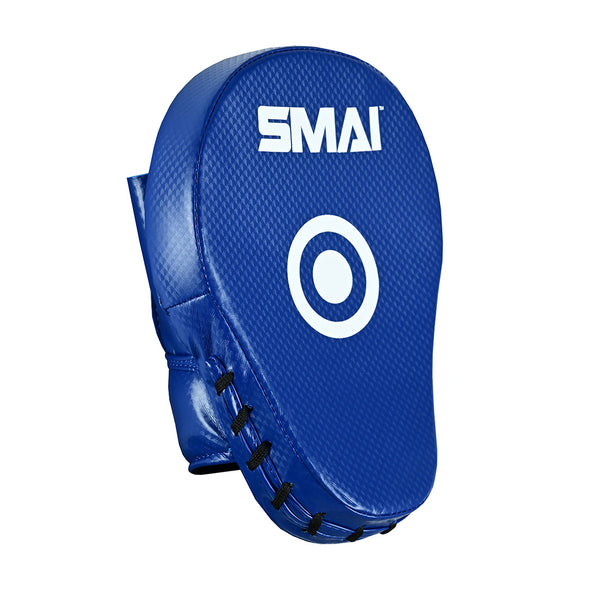 The SMAI Essentials Boxing Mitts - Blue feature a curved design with a white target circle, perfect for boxing or Muay Thai training sessions.