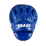 The Essentials Boxing Mitts - Blue by SMAI feature finger slots, a strap, and a white "SMAI" logo—ideal for Muay Thai or boxing training.