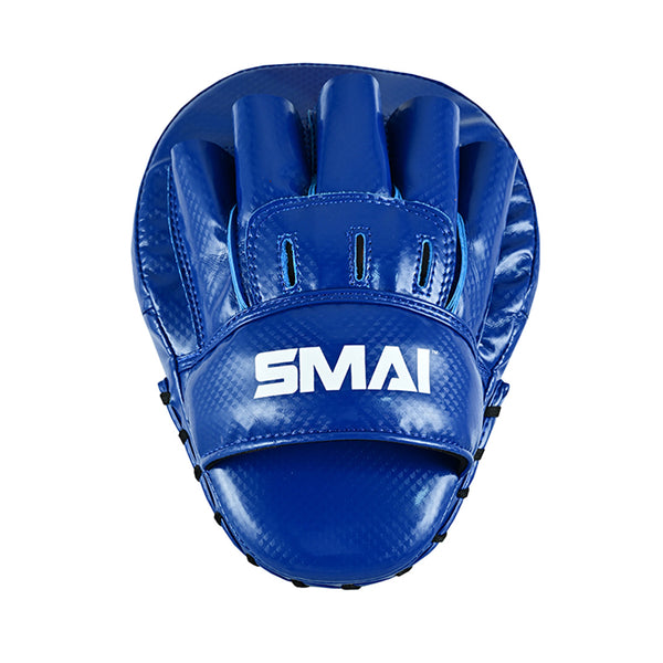 The Essentials Boxing Mitts - Blue by SMAI feature finger slots, a strap, and a white "SMAI" logo—ideal for Muay Thai or boxing training.