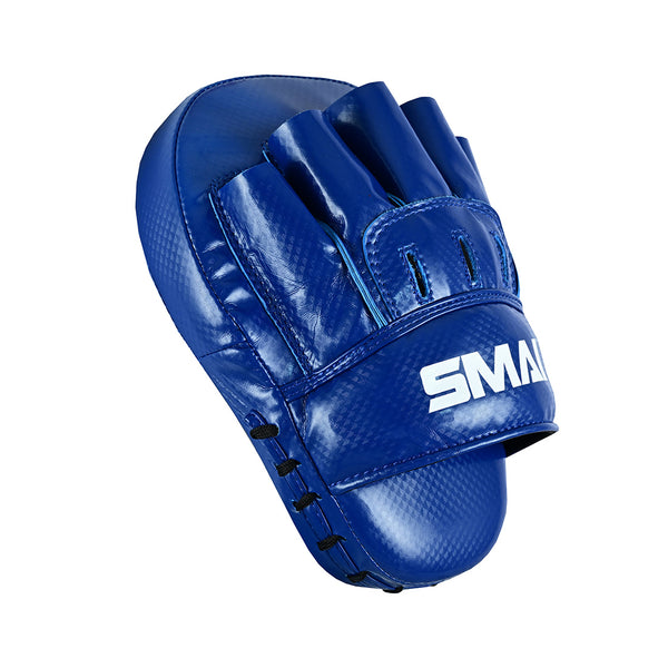 The Essentials Boxing Mitts - Blue by SMAI feature finger slots, black side stitching, ventilation holes, and a shiny textured surface with a white "SMAI" logo on the strap—ideal for Muay Thai training and boxing practice.