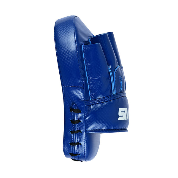 The Essentials Boxing Mitts - Blue by SMAI feature visible stitching, rear hand grips, and partial "SM" branding on the front, making them ideal for Muay Thai training or use as durable focus mitts. Shown from a side angle.
