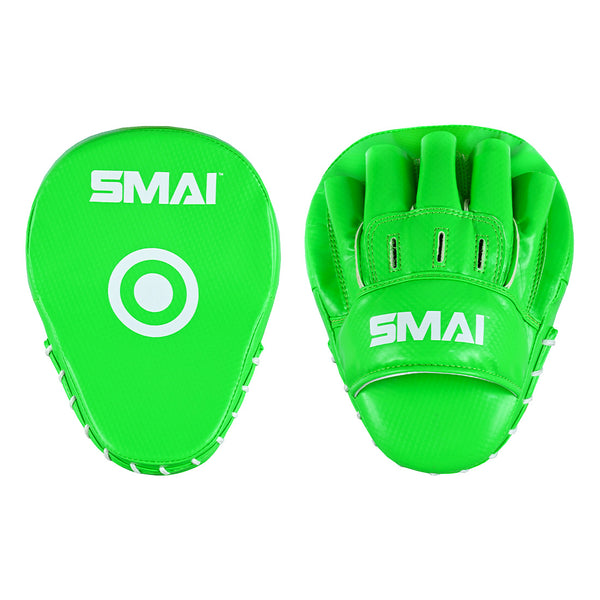 A pair of SMAI Essentials Boxing Mitts in bright green—ideal for Muay Thai—features a white target circle on the front and, on the back, finger slots with hand padding for comfort and control.
