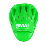 The SMAI Essentials Boxing Mitts in bright green, featuring "SMAI" in white on the wrist strap, are ideal for Muay Thai training and shown against a white background.