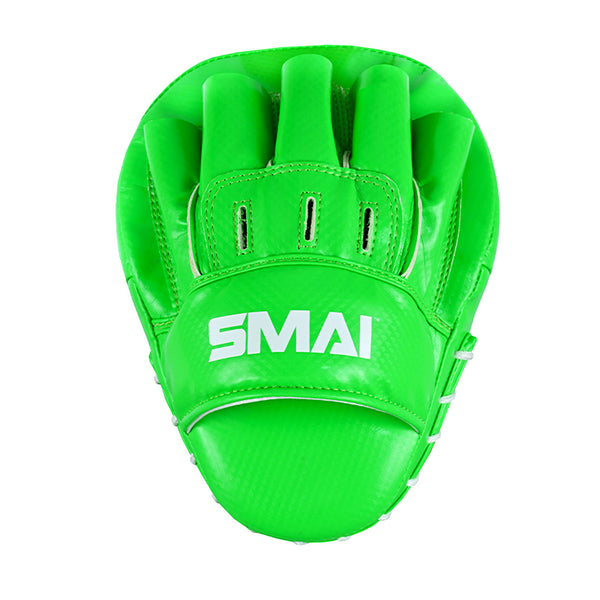 The SMAI Essentials Boxing Mitts in bright green, featuring "SMAI" in white on the wrist strap, are ideal for Muay Thai training and shown against a white background.