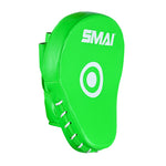 The SMAI Essentials Boxing Mitts - Green feature a bright green design with a white target circle, SMAI logo, white laces, and a hand grip on the back—ideal for Muay Thai or martial arts training.