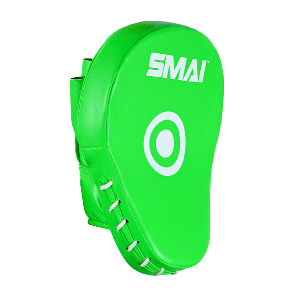 The SMAI Essentials Boxing Mitts - Green feature a bright green design with a white target circle, SMAI logo, white laces, and a hand grip on the back—ideal for Muay Thai or martial arts training.