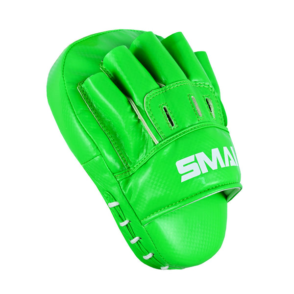 The Essentials Boxing Mitts - Green by SMAI feature white laces and a partial white "SMAI" logo on the wrist strap, designed for Muay Thai training and martial arts practice.