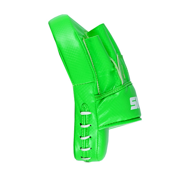 SMAI Essentials Boxing Mitts in bright green shown from the side, featuring detailed stitching and white text on the wrist area, set against a plain white background.