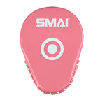 The SMAI Essentials Boxing Mitts - Pink feature white laces, a central target circle, and the "SMAI" logo—ideal as punching pads or focus mitts to enhance your training.