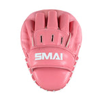 The Essentials Boxing Mitts - Pink by SMAI feature white branding on the front, finger slots, and stitched edges—ideal as focus mitts for martial arts training.