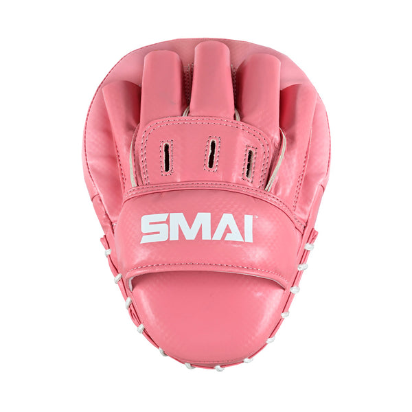 The Essentials Boxing Mitts - Pink by SMAI feature white branding on the front, finger slots, and stitched edges—ideal as focus mitts for martial arts training.
