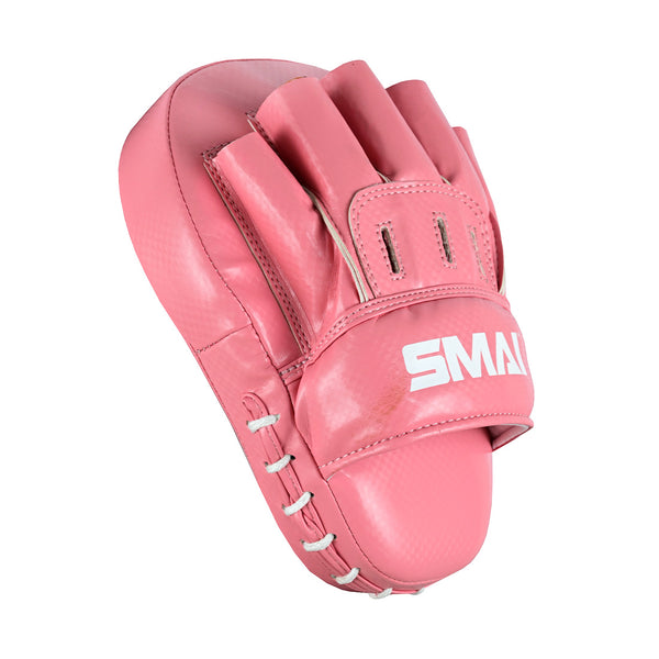 The Essentials Boxing Mitts - Pink by SMAI feature white laces, ventilation holes, and the brand name on the wrist strap.