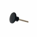 A black rubber stopper attached to a sturdy, cylindrical silver rod is displayed against a white background. Resembling the Suspension Trainer - SES - Spare Pin by No Sync To Channel Engine, this piece is perfect as a spare part. The stopper's flat circular shape ensures dependable functionality in any system.