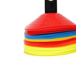 A set of 50 Sports Agility Marker Cones by SMAI, featuring a stack of brightly colored cones made from flexible PVC in red, blue, yellow, and orange. They come with a black handle on top and are ideal for drill-style training, serving as boundary markers for activities or exercises against a plain white backdrop.