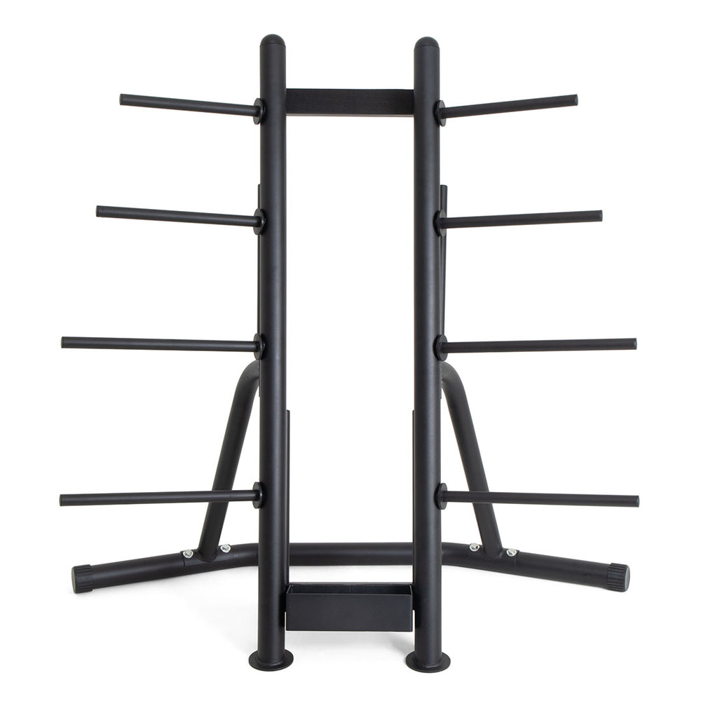 Introducing the SMAI Pump Set - Storage Rack Only: a sleek black rack featuring multiple pegs designed to securely hold pump plates and bars. With its sturdy construction and wide base, this rack ensures optimal stability. This efficient storage solution is crafted to seamlessly organize and store your gym equipment.