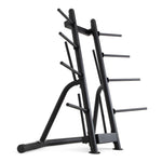 The SMAI Pump Set - Storage Rack Only is a black metal rack equipped with multiple horizontal pegs for organizing pump plates. Its sturdy, angled design makes it easy to access and is ideal for keeping your gym equipment neatly arranged.
