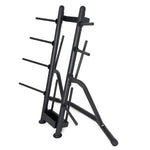 Introducing the SMAI Pump Set - Storage Rack Only: a black, metal storage solution featuring multiple pegs designed to hold pump plates and bars securely. It boasts a sturdy triangular base for enhanced stability. Its simple, industrial design makes it ideal for organizing gym equipment efficiently.