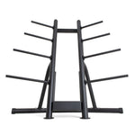 The SMAI Pump Set - Storage Rack Only is a black Olympic weight plate tree featuring multiple horizontal pegs for storing pump plates and weight plates. It showcases a robust metal frame and a wide base for enhanced stability, making it an ideal addition to any storage rack setup.