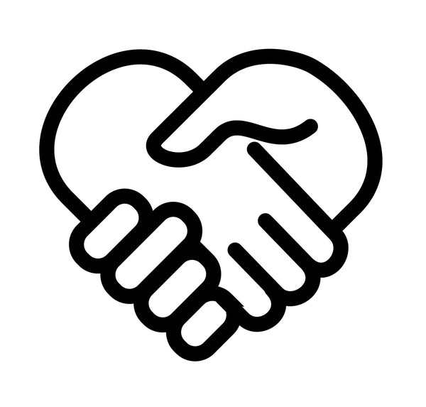 A black and white illustration of two hands shaking, forming the shape of a heart. The design symbolically represents unity, agreement, and friendship.