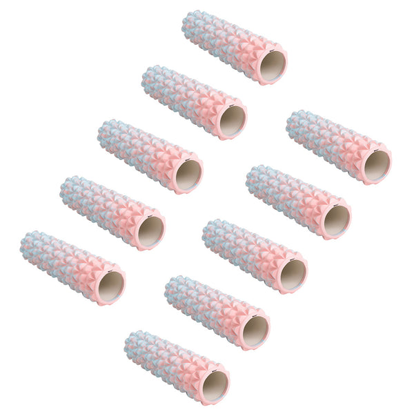 Ten SMAI Foam Roller - Trigger Point 10 Pack cylindrical rollers, featuring a spiked texture and hollow core in pink and blue, are arranged diagonally on a white background—perfect bulk foam rollers for any pilates studio equipment.