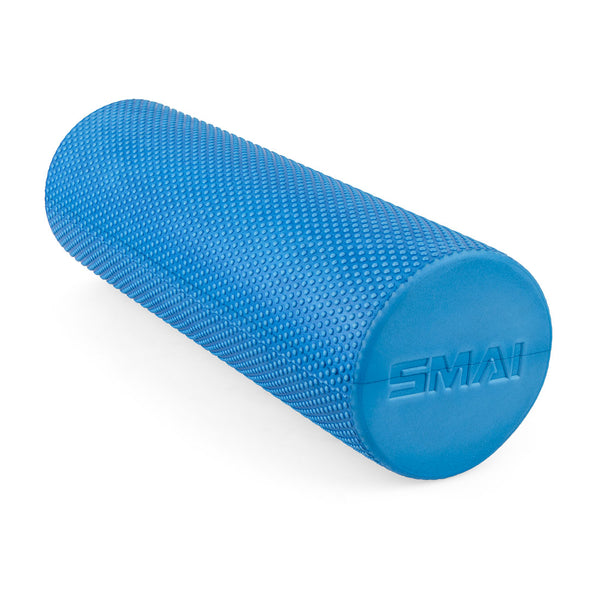 A textured blue foam roller, part of the Light Recovery & Stretch Pack from SMAI and featuring the brand name embossed on the end, is displayed against a white background, perfect for enhancing glutes toning.