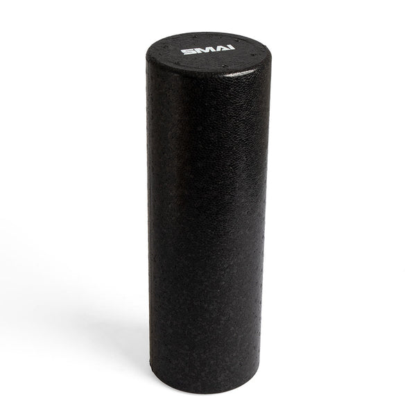 A black SMAI Foam Roller - Half Length Firm (Bulk 10 Pack) stands upright on a white background. Its textured surface enhances deep tissue massage and muscle recovery. "SMAI" is printed in white on the top end.