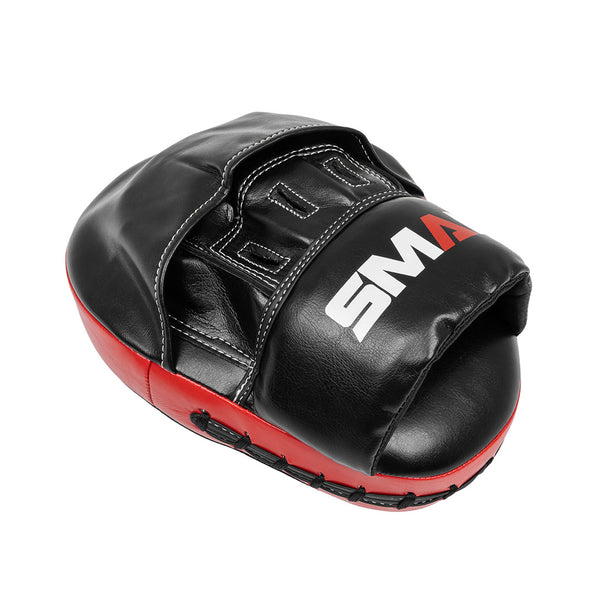The SMAI Focus Mitt - Syntec is a black and red curved boxing pad with a hand slot, visible stitching, and "SMAI" branding—ideal for precision training.